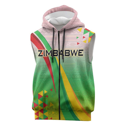 Vibe Zimbabwe Sleeveless Zip Hoodie Tribal-Inspired Background with Geometric Flag Color Design - African Pride