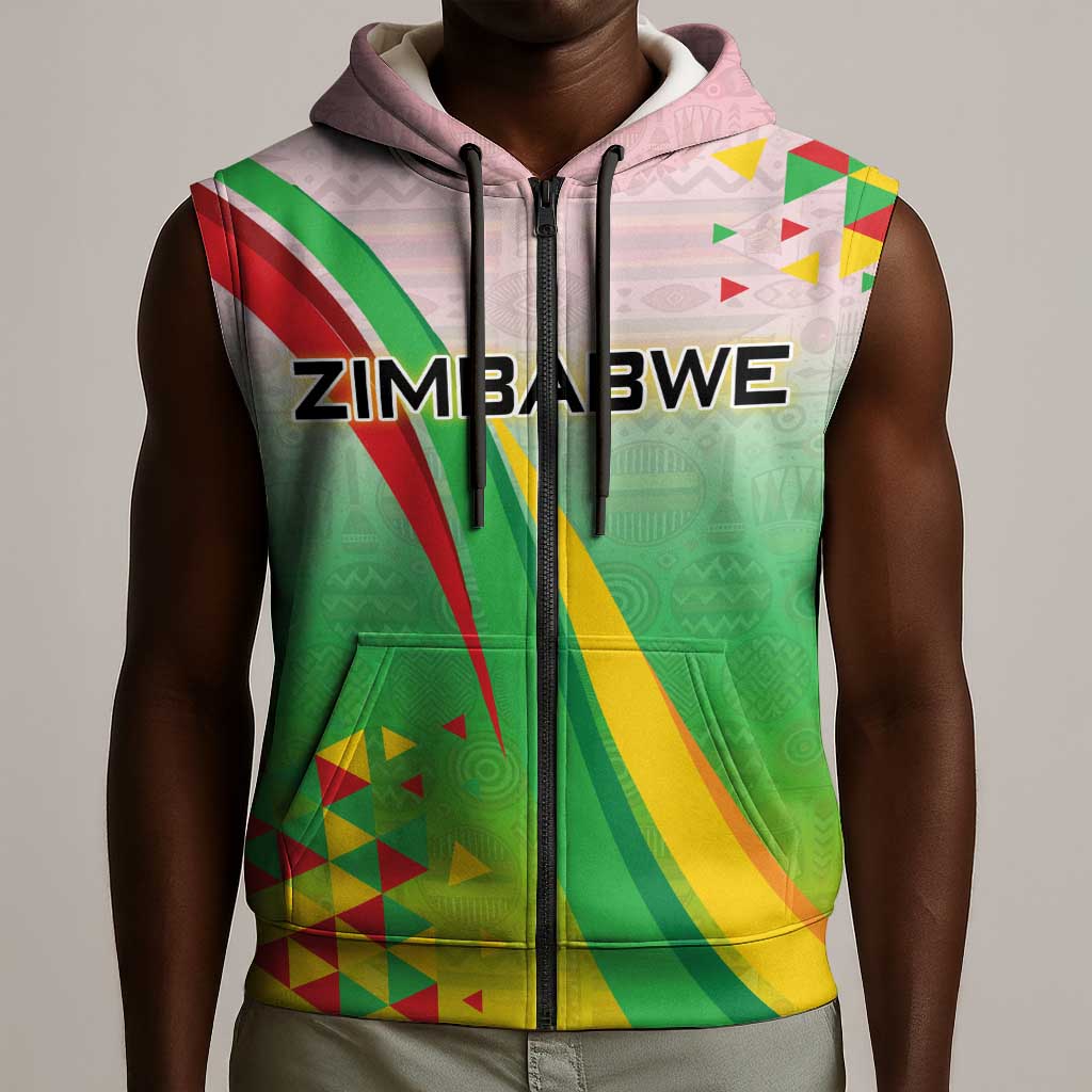 Vibe Zimbabwe Sleeveless Zip Hoodie Tribal-Inspired Background with Geometric Flag Color Design - African Pride