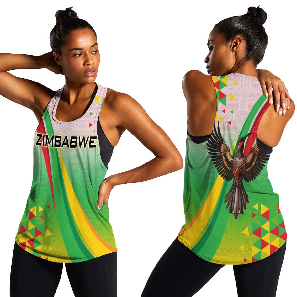 Vibe Zimbabwe Women Racerback Tank Tribal-Inspired Background with Geometric Flag Color Design