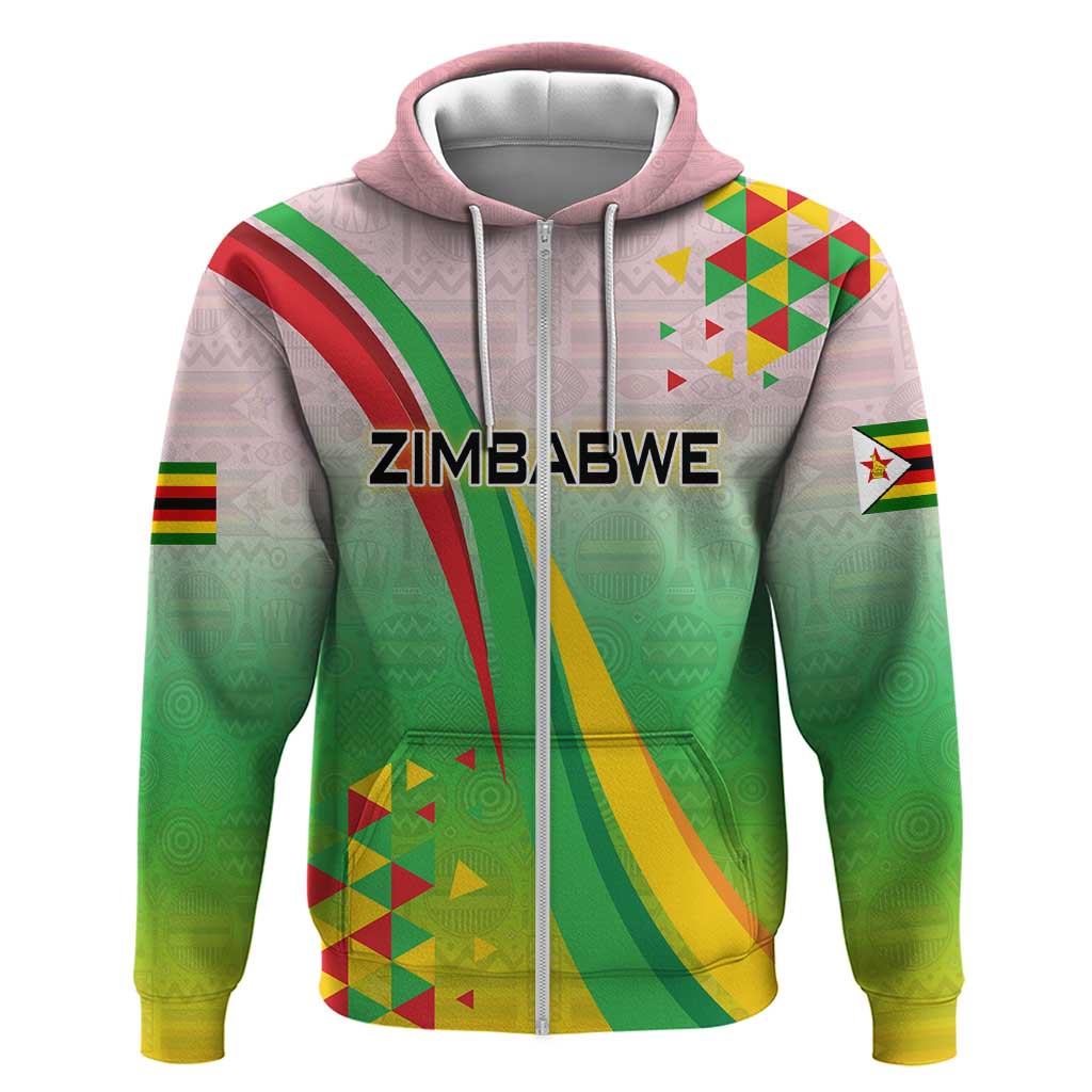 Vibe Zimbabwe Zip Hoodie Tribal-Inspired Background with Geometric Flag Color Design