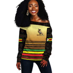 Pride Zimbabwe Off Shoulder Sweater Zimbabwean Bird, Tribal Patterns and Pan-African Colors