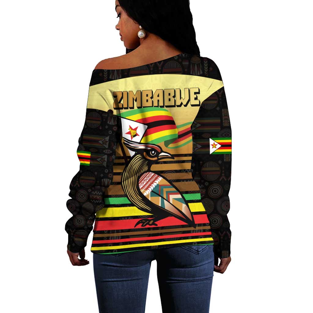 Pride Zimbabwe Off Shoulder Sweater Zimbabwean Bird, Tribal Patterns and Pan-African Colors