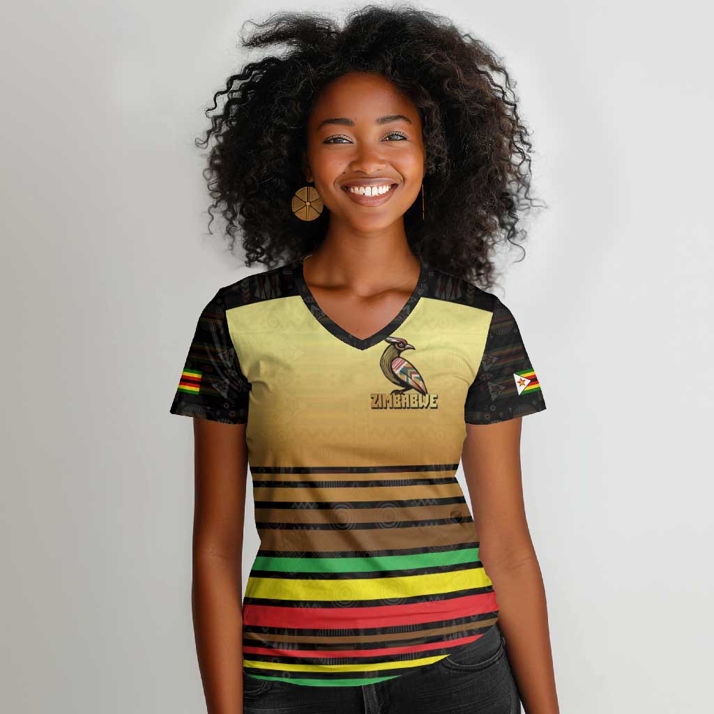 Pride Zimbabwe Women V-Neck T-Shirt Zimbabwean Bird, Tribal Patterns and Pan-African Colors