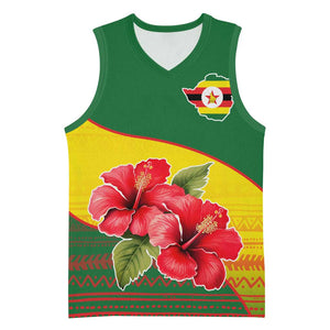 Zimbabwe Flag Map Basketball Jersey African Tribal Pattern Red Hibiscus Flowers TS04