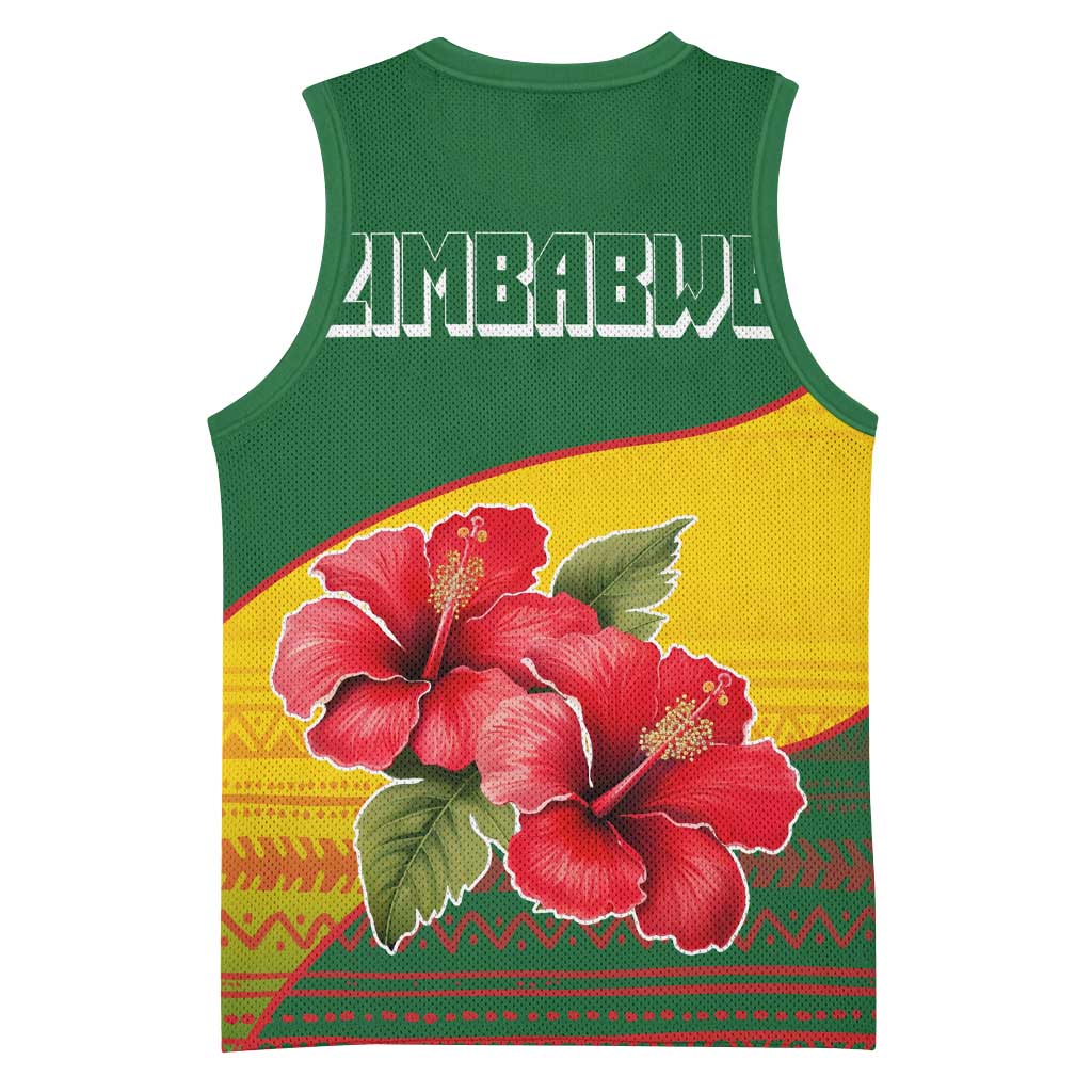 Zimbabwe Flag Map Basketball Jersey African Tribal Pattern Red Hibiscus Flowers TS04