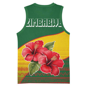 Zimbabwe Flag Map Basketball Jersey African Tribal Pattern Red Hibiscus Flowers TS04