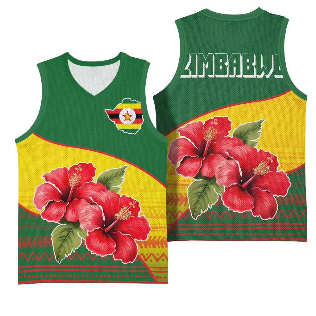 Zimbabwe Flag Map Basketball Jersey African Tribal Pattern Red Hibiscus Flowers TS04