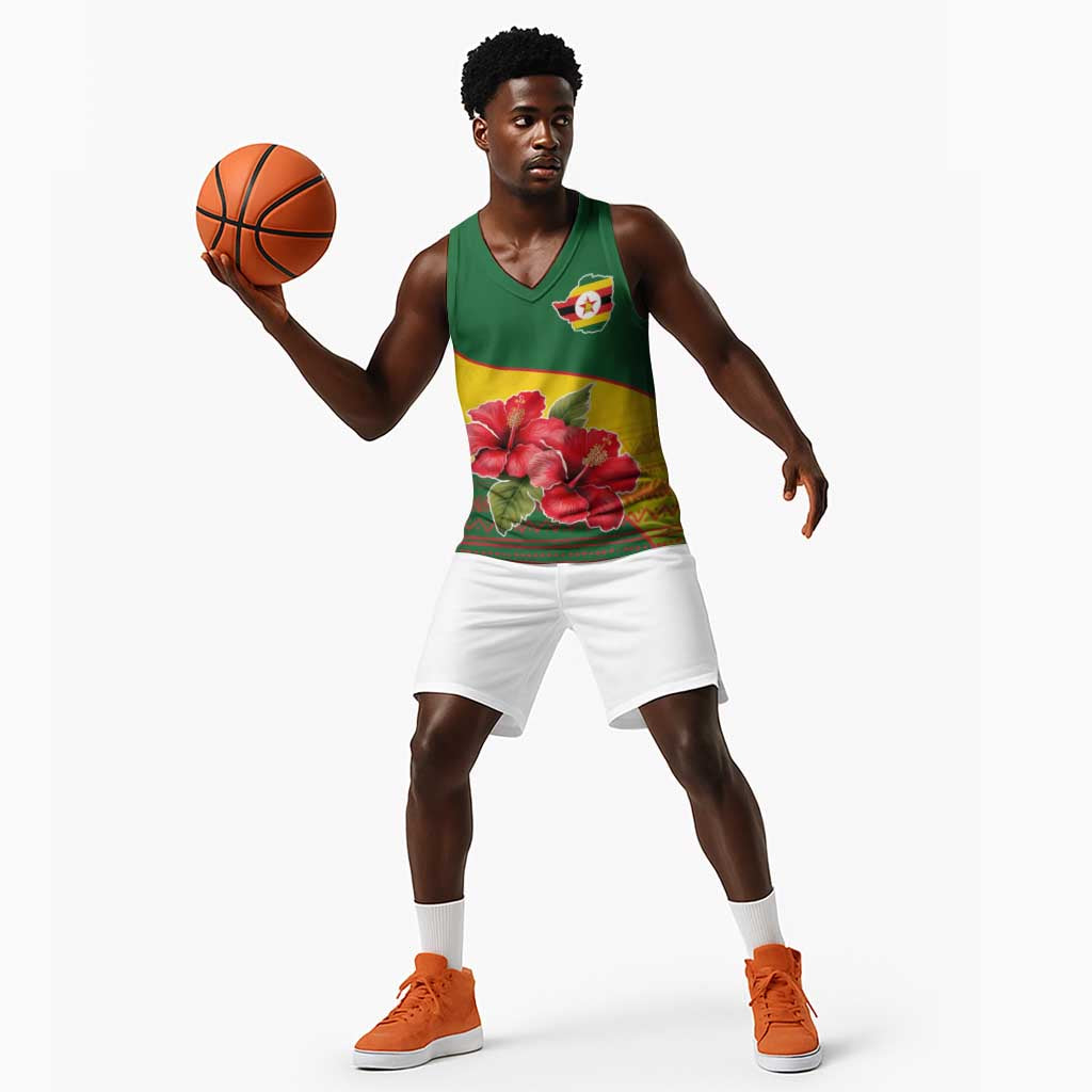 Zimbabwe Flag Map Basketball Jersey African Tribal Pattern Red Hibiscus Flowers TS04