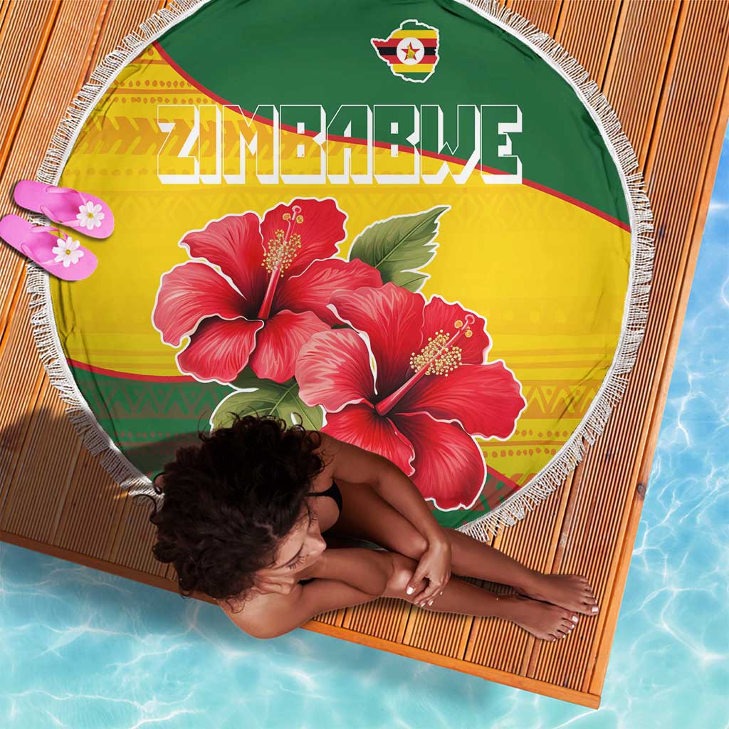 Zimbabwe Flag Map Beach Blanket African Tribal Pattern Red Hibiscus Flowers