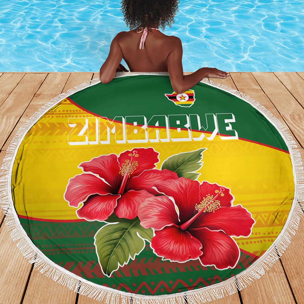 Zimbabwe Flag Map Beach Blanket African Tribal Pattern Red Hibiscus Flowers