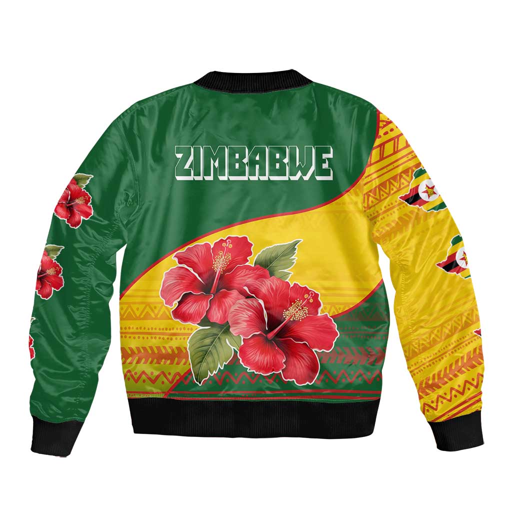 Zimbabwe Flag Map Bomber Jacket African Tribal Pattern Red Hibiscus Flowers