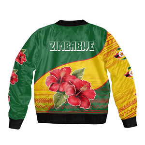 Zimbabwe Flag Map Bomber Jacket African Tribal Pattern Red Hibiscus Flowers