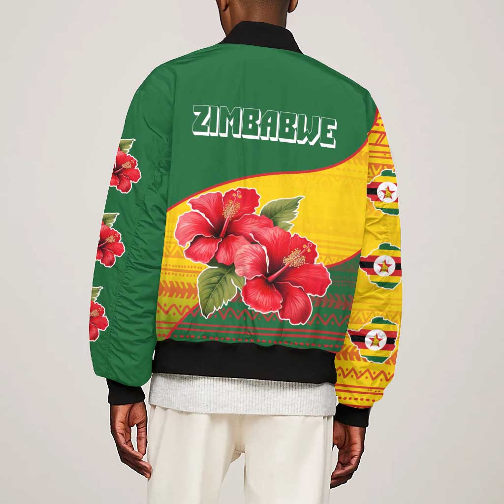 Zimbabwe Flag Map Bomber Jacket African Tribal Pattern Red Hibiscus Flowers