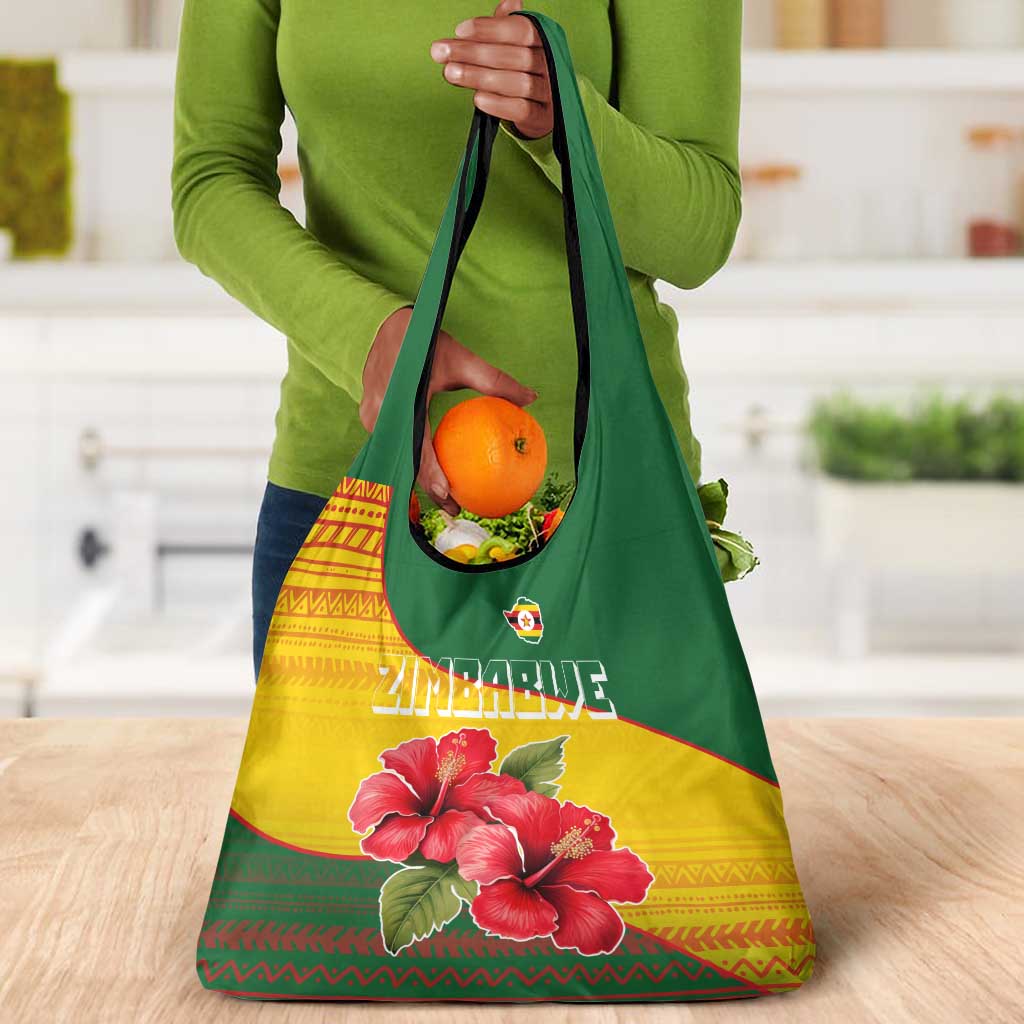 Zimbabwe Flag Map Grocery Bag African Tribal Pattern Red Hibiscus Flowers
