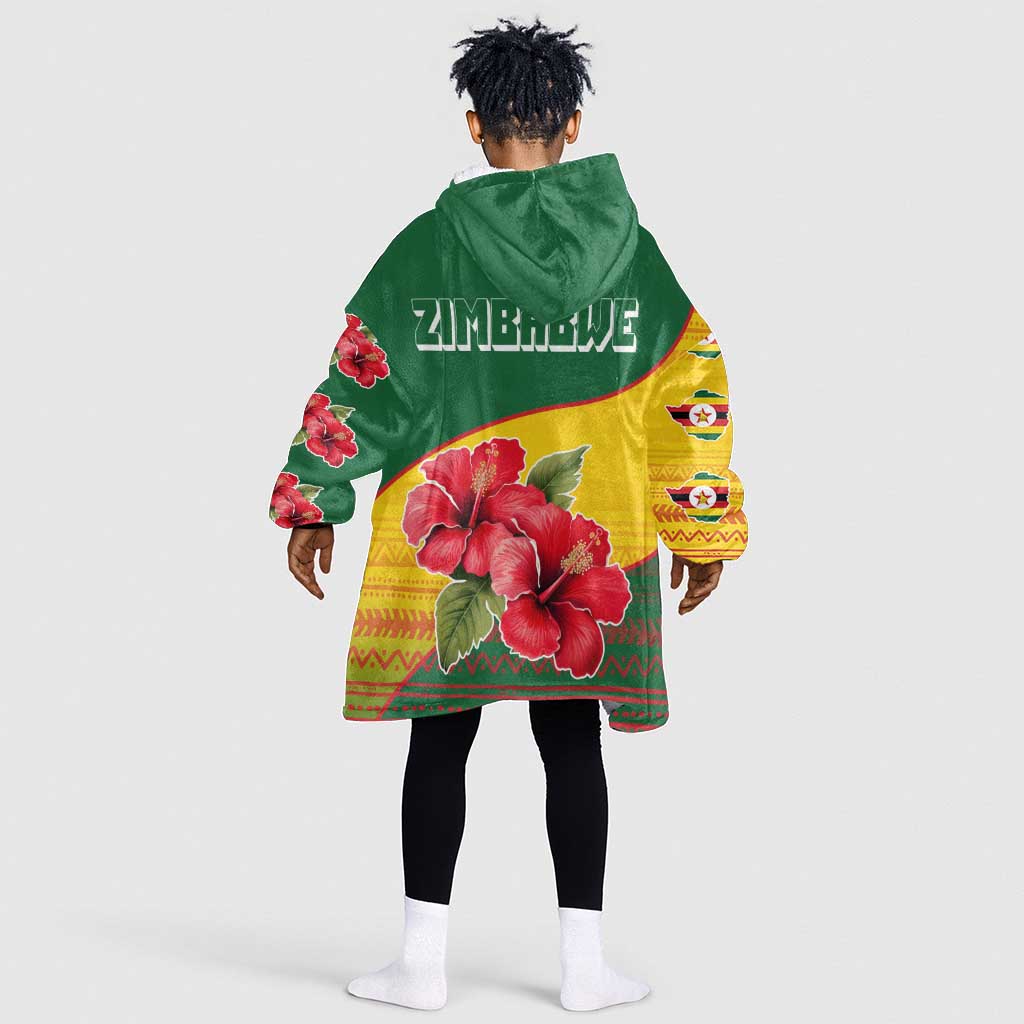 Zimbabwe Flag Map Kid Wearable Blanket Hoodie African Tribal Pattern Red Hibiscus Flowers
