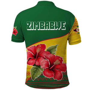 Zimbabwe Flag Map Polo Shirt African Tribal Pattern Red Hibiscus Flowers