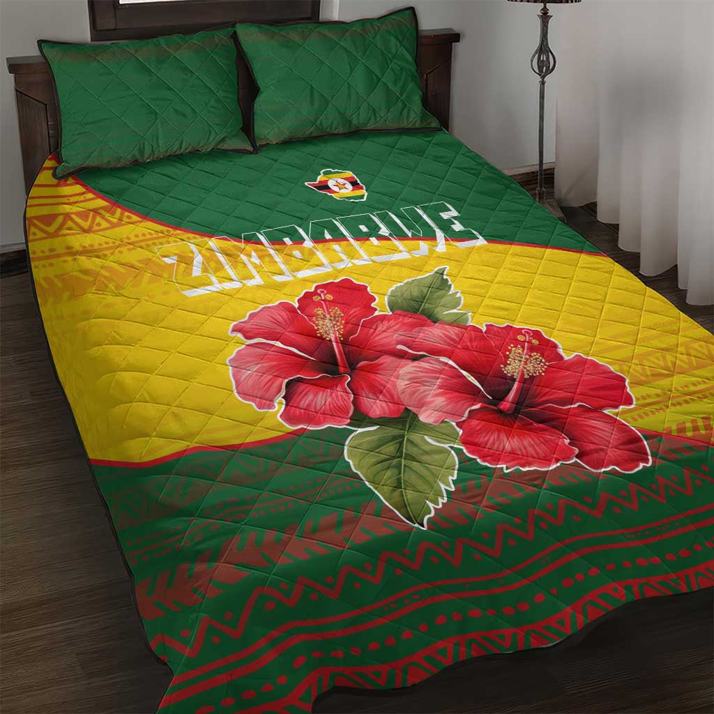 Zimbabwe Flag Map Quilt Bed Set African Tribal Pattern Red Hibiscus Flowers