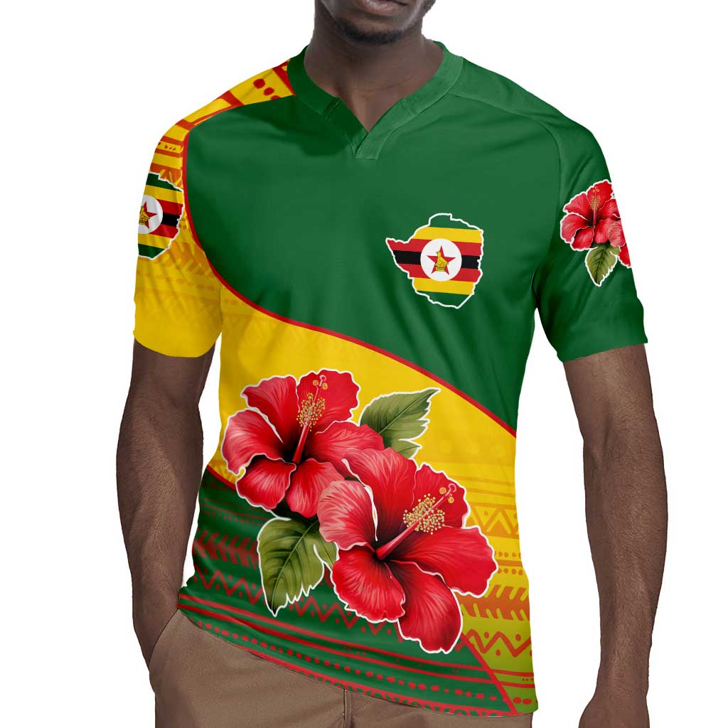 Zimbabwe Flag Map Rugby Jersey African Tribal Pattern Red Hibiscus Flowers