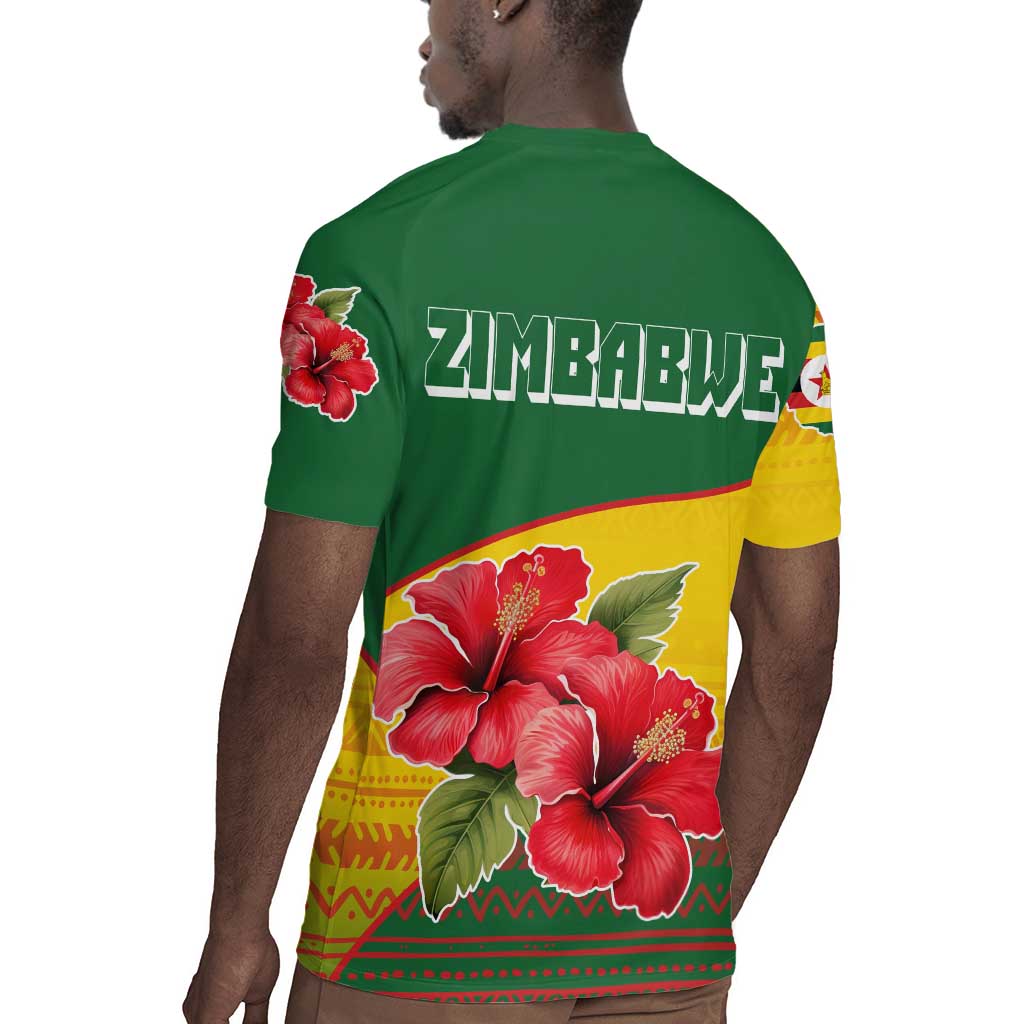 Zimbabwe Flag Map Rugby Jersey African Tribal Pattern Red Hibiscus Flowers