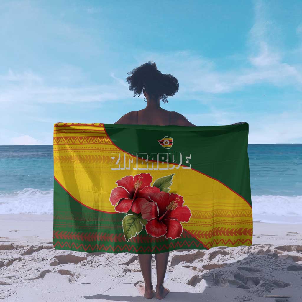 Zimbabwe Flag Map Sarong African Tribal Pattern Red Hibiscus Flowers
