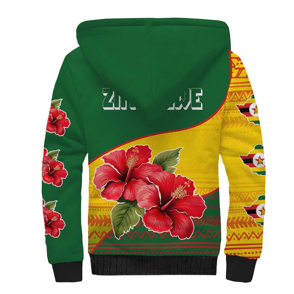 Zimbabwe Flag Map Sherpa Hoodie African Tribal Pattern Red Hibiscus Flowers