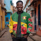 Zimbabwe Flag Map Sleeve Zip Bomber Jacket African Tribal Pattern Red Hibiscus Flowers