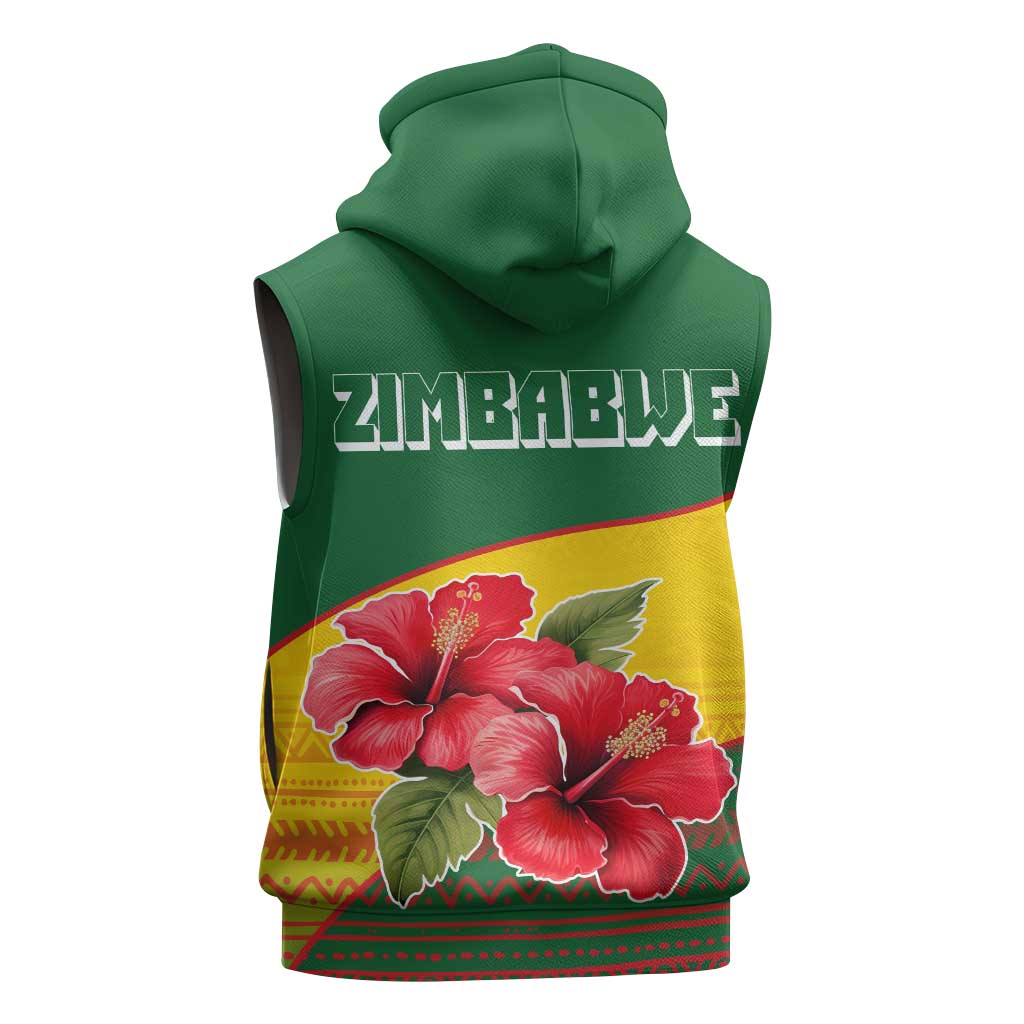 Zimbabwe Flag Map Sleeveless Hoodie African Tribal Pattern Red Hibiscus Flowers - African Pride