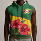 Zimbabwe Flag Map Sleeveless Hoodie African Tribal Pattern Red Hibiscus Flowers - African Pride