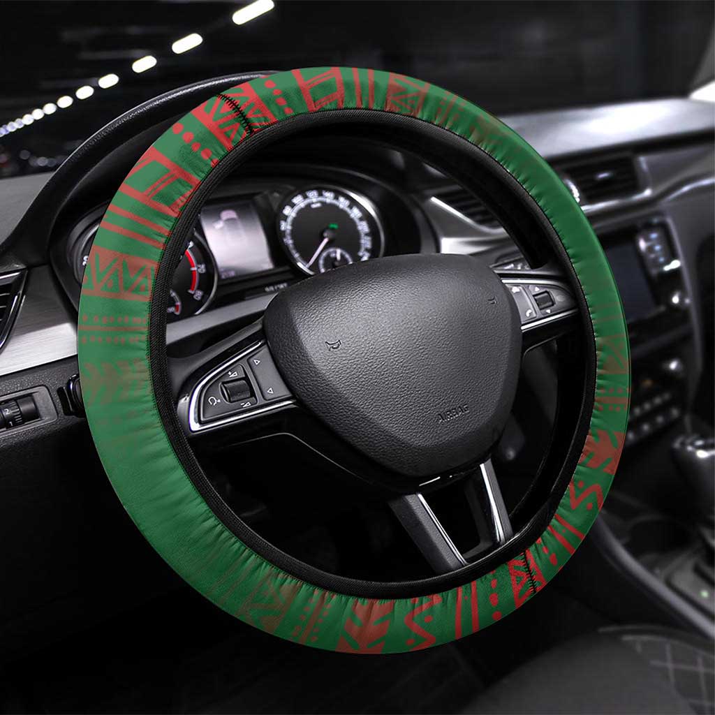 Zimbabwe Flag Map Steering Wheel Cover African Tribal Pattern Red Hibiscus Flowers