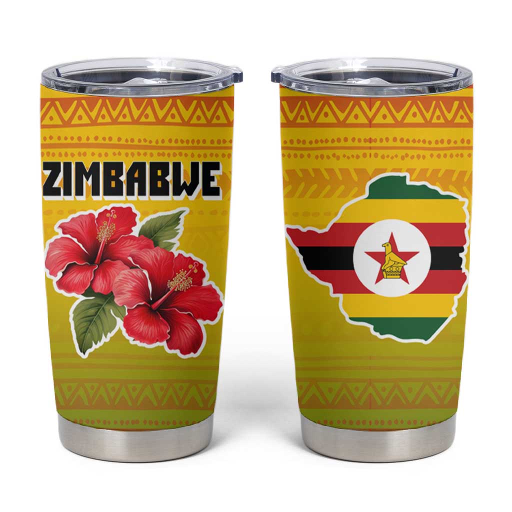 Zimbabwe Flag Map Tumbler Cup African Tribal Pattern Red Hibiscus Flowers