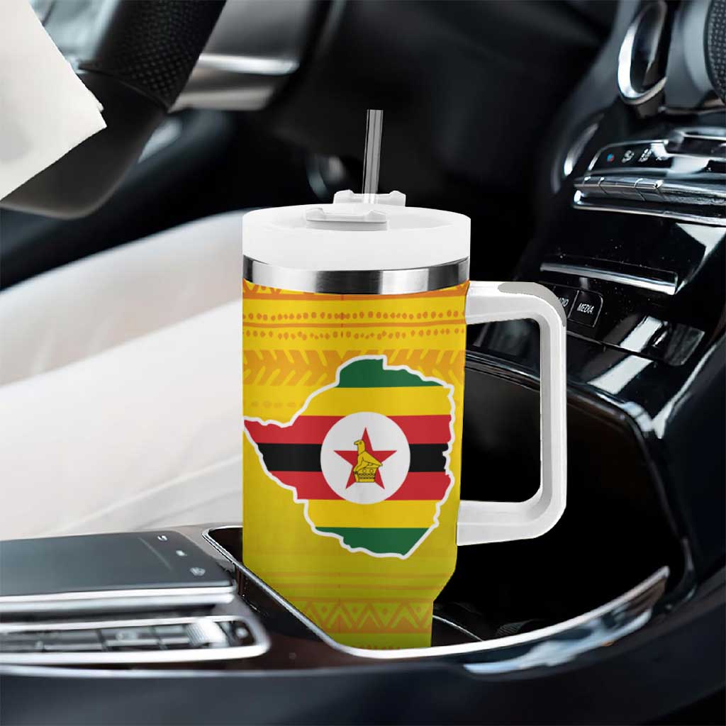 Zimbabwe Flag Map Tumbler With Handle African Tribal Pattern Red Hibiscus Flowers