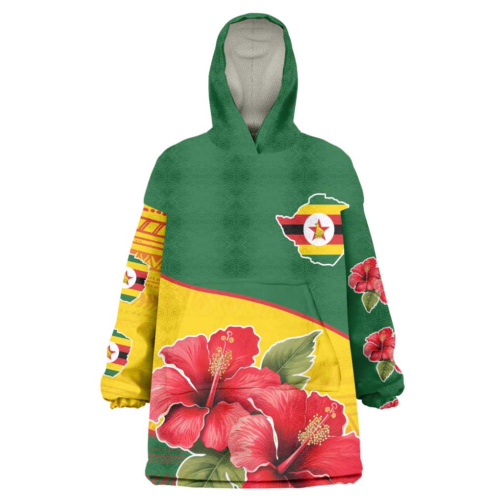 Zimbabwe Flag Map Wearable Blanket Hoodie African Tribal Pattern Red Hibiscus Flowers