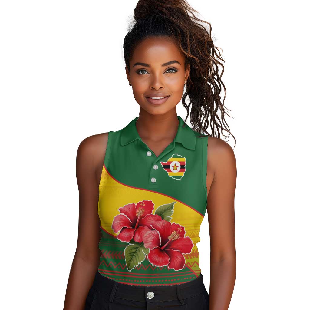 Zimbabwe Flag Map Women Sleeveless Polo Shirt African Tribal Pattern Red Hibiscus Flowers