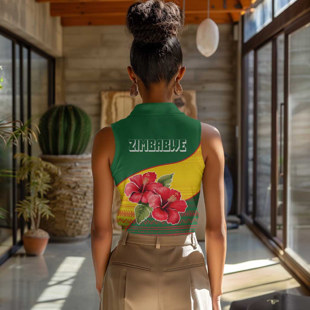 Zimbabwe Flag Map Women Sleeveless Polo Shirt African Tribal Pattern Red Hibiscus Flowers