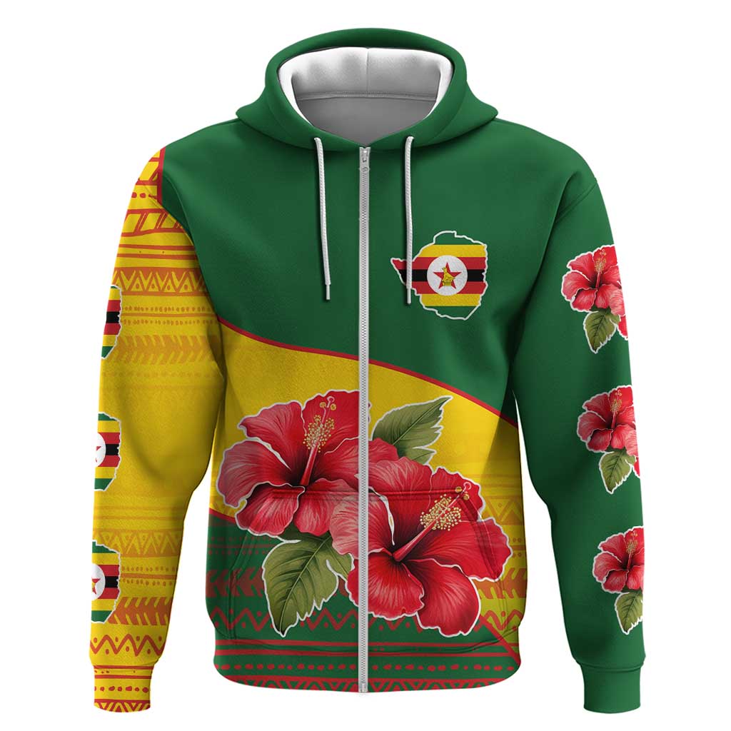 Zimbabwe Flag Map Zip Hoodie African Tribal Pattern Red Hibiscus Flowers