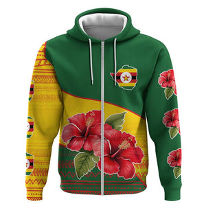 Zimbabwe Flag Map Zip Hoodie African Tribal Pattern Red Hibiscus Flowers