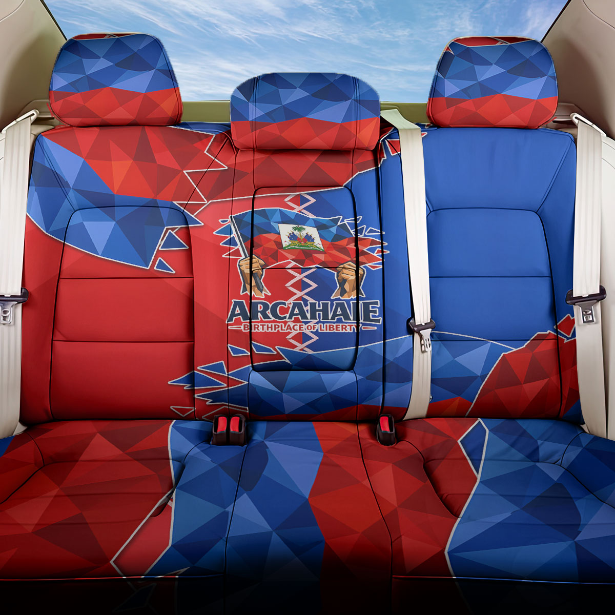 Haiti Flag Day Arcahaie 1803 Back Car Seat Cover Geometric Low Poly Flag Art - Birthplace Of Liberty Graphic