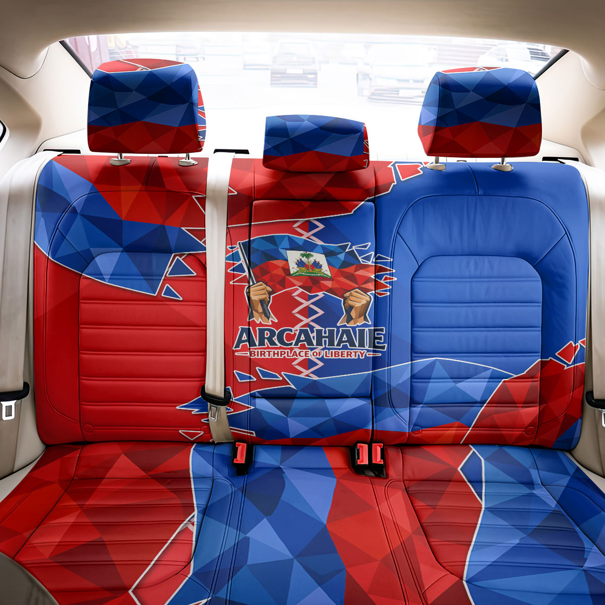 Haiti Flag Day Arcahaie 1803 Back Car Seat Cover Geometric Low Poly Flag Art - Birthplace Of Liberty Graphic