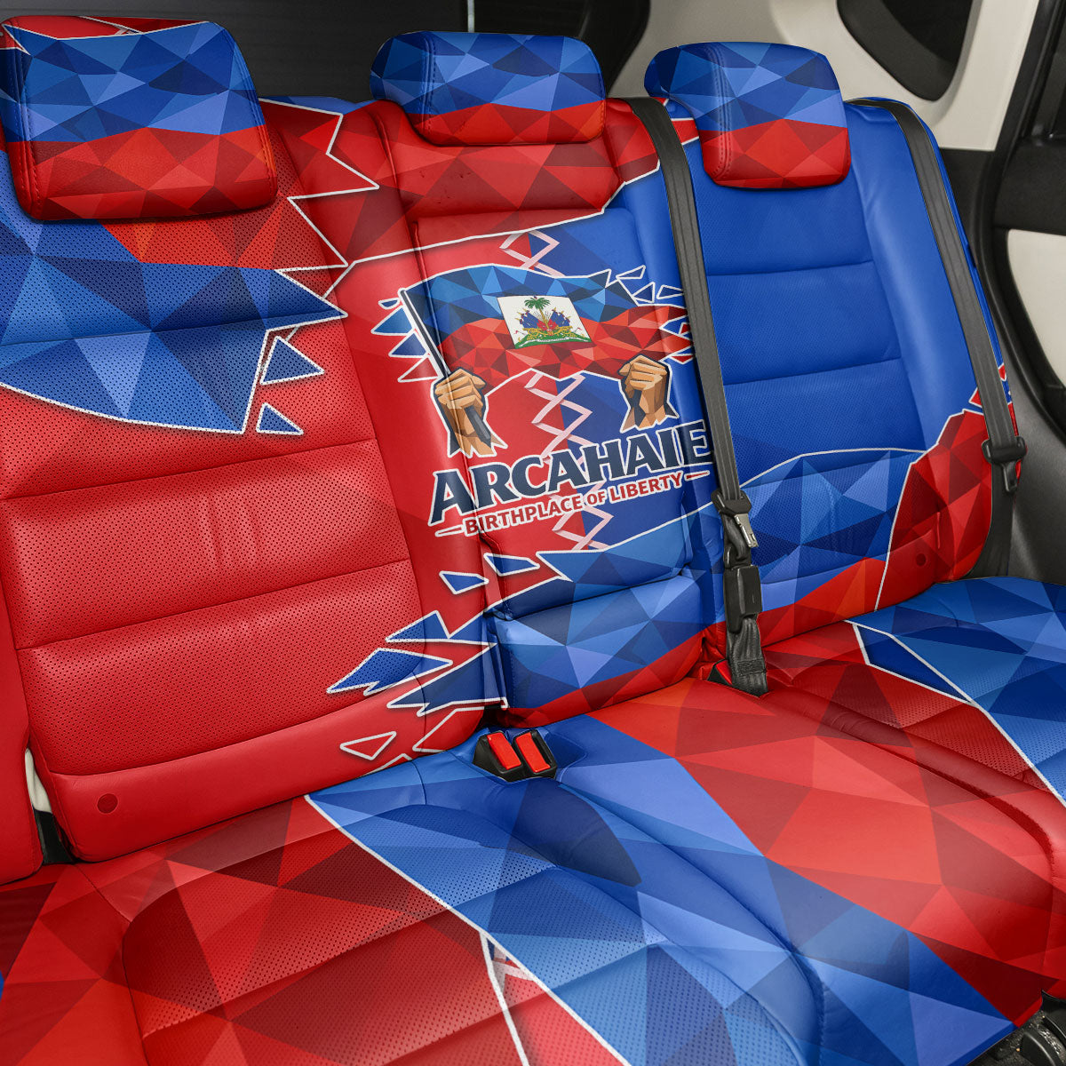 Haiti Flag Day Arcahaie 1803 Back Car Seat Cover Geometric Low Poly Flag Art - Birthplace Of Liberty Graphic