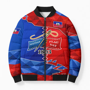 Haiti Flag Day Arcahaie 1803 Bomber Puffer Jacket Geometric Low Poly Flag Art - Birthplace Of Liberty Graphic