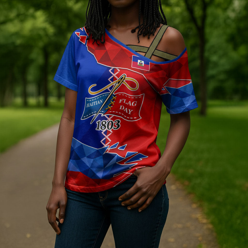 Haiti Flag Day Arcahaie 1803 Cross Shoulder Shirt Geometric Low Poly Flag Art - Birthplace Of Liberty Graphic