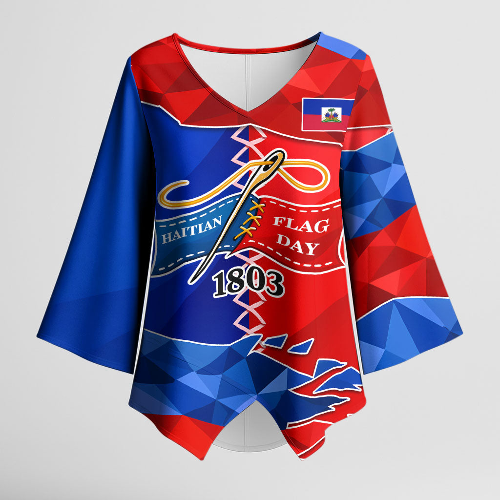 Haiti Flag Day Arcahaie 1803 Kimono Sleeve Blouse Geometric Low Poly Flag Art - Birthplace Of Liberty Graphic