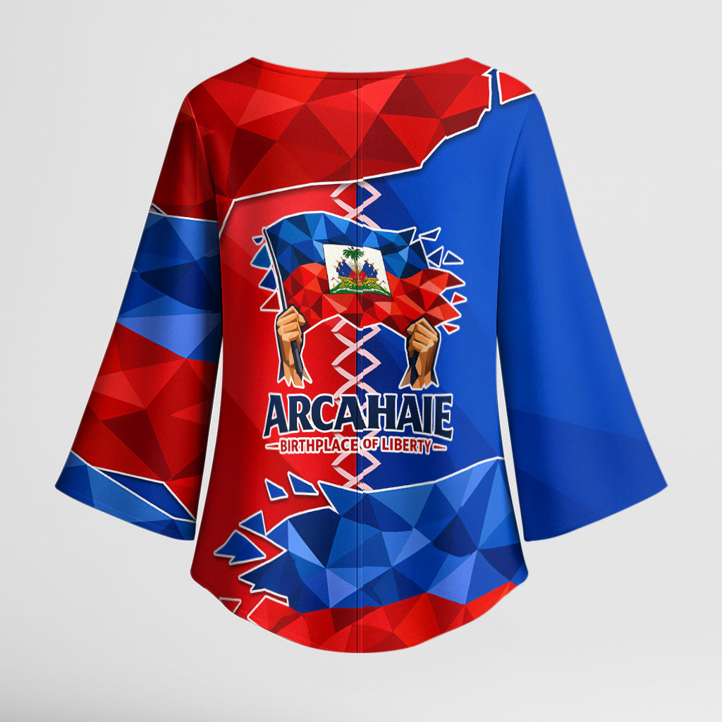 Haiti Flag Day Arcahaie 1803 Kimono Sleeve Blouse Geometric Low Poly Flag Art - Birthplace Of Liberty Graphic