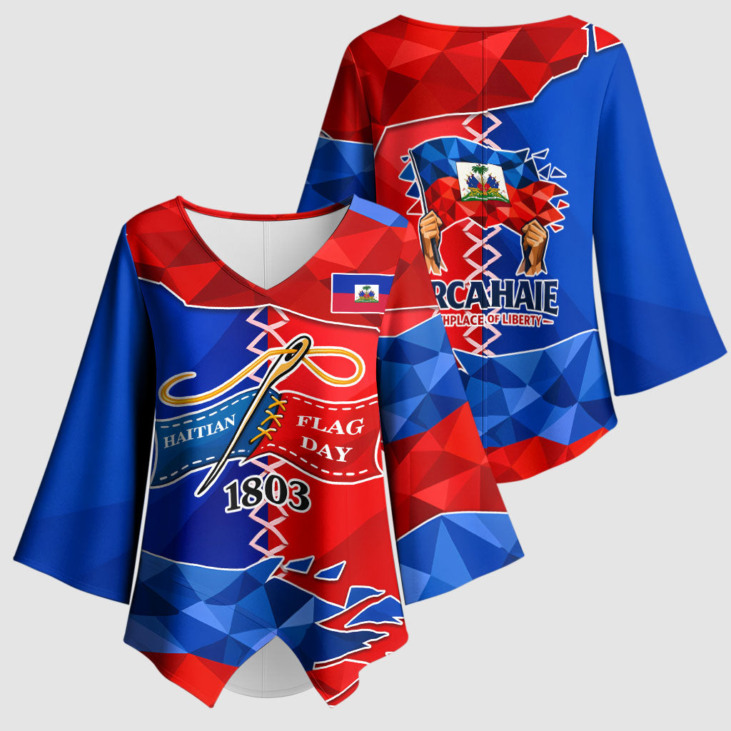 Haiti Flag Day Arcahaie 1803 Kimono Sleeve Blouse Geometric Low Poly Flag Art - Birthplace Of Liberty Graphic