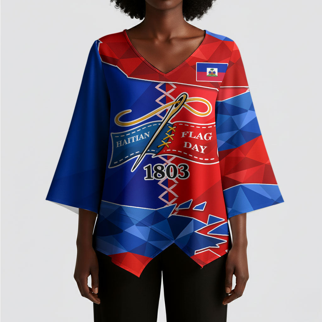 Haiti Flag Day Arcahaie 1803 Kimono Sleeve Blouse Geometric Low Poly Flag Art - Birthplace Of Liberty Graphic