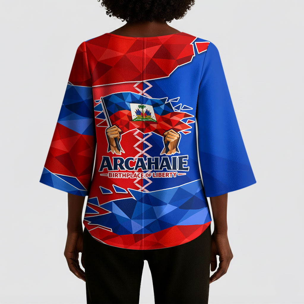 Haiti Flag Day Arcahaie 1803 Kimono Sleeve Blouse Geometric Low Poly Flag Art - Birthplace Of Liberty Graphic