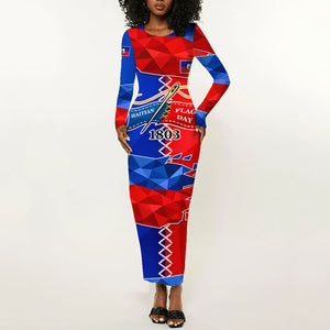 Haiti Flag Day Arcahaie 1803 Long Sleeve Bodycon Dress Geometric Low Poly Flag Art - Birthplace Of Liberty Graphic