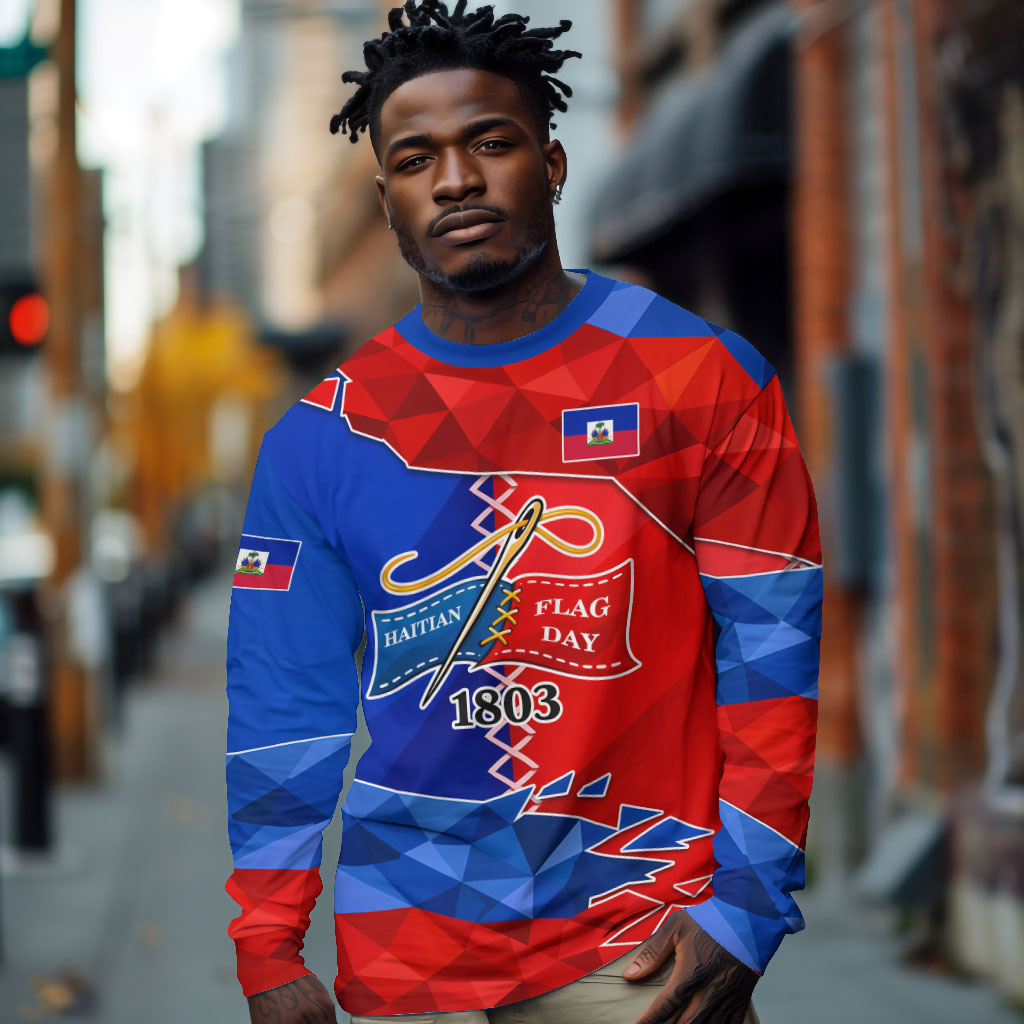 Haiti Flag Day Arcahaie 1803 Long Sleeve Shirt Geometric Low Poly Flag Art - Birthplace Of Liberty Graphic