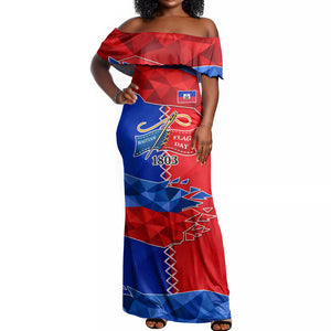 Haiti Flag Day Arcahaie 1803 Off Shoulder Maxi Dress Geometric Low Poly Flag Art - Birthplace Of Liberty Graphic