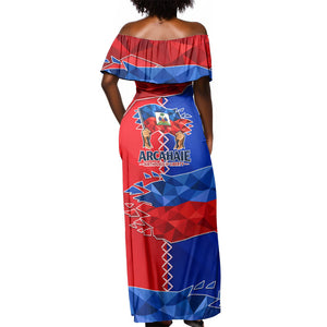 Haiti Flag Day Arcahaie 1803 Off Shoulder Maxi Dress Geometric Low Poly Flag Art - Birthplace Of Liberty Graphic